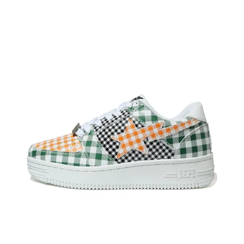 A BATHING APE STA BAPE совместный бренд GINGHAM Check MULTI Узор BAPE STA Низкий Топ Стильные Скейтбординги Женские Зеленый Оранжевый