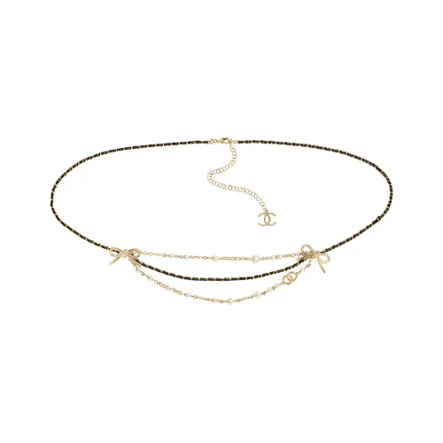 CHANEL Металл, Жемчужный, Кожа, Цепи для талии, Золотой/черный, Женские