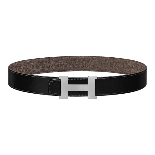 HERMES Ремни из коровьей кожи Мужской Черный Оловянно-серый Ширина 3,8 см