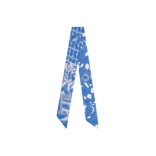 HERMES Twilly Шелковые шарфы Синий с Белым Lettering Женские