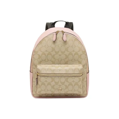 COACH Charlie Canvas Leather Backpack Medium Women's Cherry Blossom Pink Edge Light Khaki COACH Charlie Холст Кожа Рюкзак Средний Женский Вишневый Цветок Розовый Edge Светлый Хаки