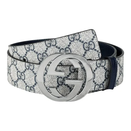 GUCCI Серебряный GG Пряжка Ремень Без рисунка Застежка Кожаные ремни Унисекс Бежевый Синий Ширина 4CM