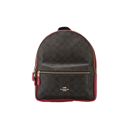 COACH Canvas С кожаными вставками Рюкзак Средний Женские Темно-коричневый Монограмма Красный