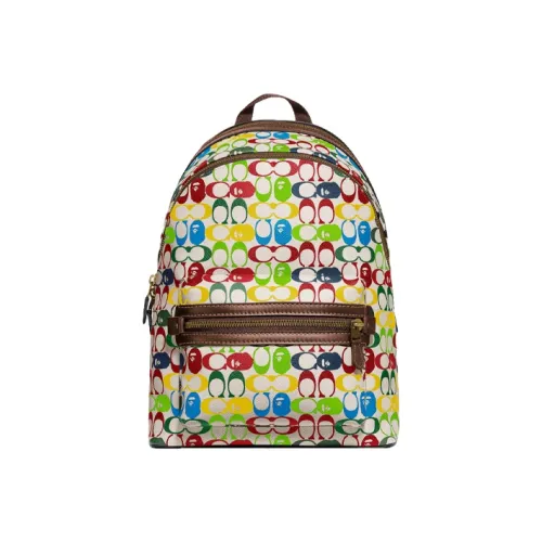 COACH X BAPE Collaboration ACADEMY Покрытый холст Телячья кожа Рюкзак Большой Унисекс Коричневый