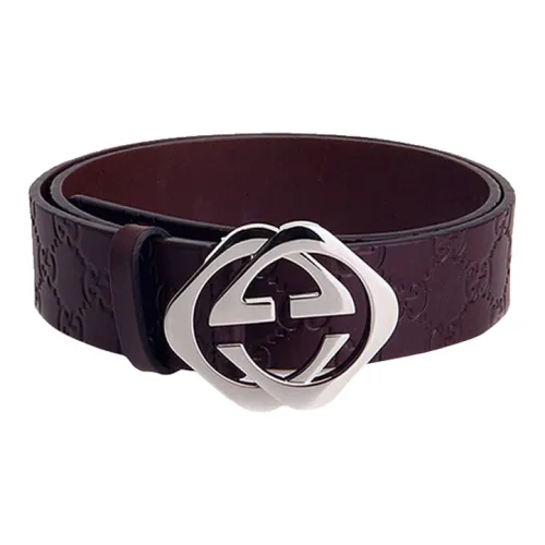 GUCCI Серебряный Квадратный Двойной G Без рисунка Застежка Кожаные Ремни Мужские Коричневые Ширина 4CM