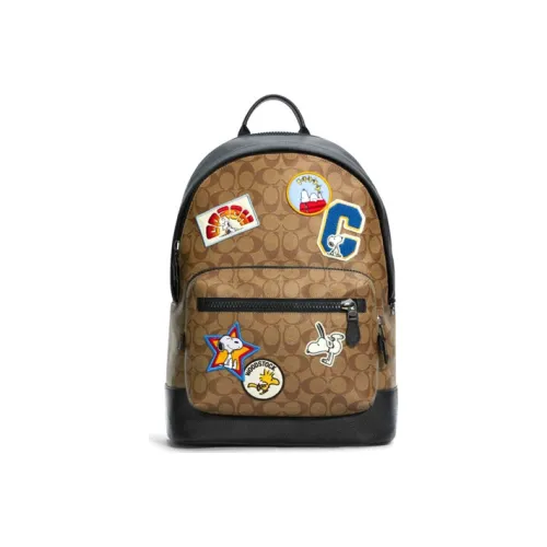 COACH PEANUTS Снупи Коллаборация Холст с кожей Рюкзак Большой Мужской Хаки с монограммой Черный