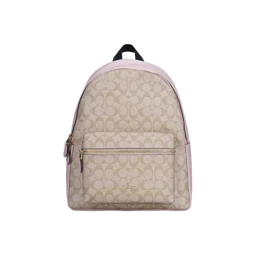 COACH Charlie Холст и Кожа Рюкзак Большой Женский Вишневый Цветок Розовый и Бежевый Коричневый