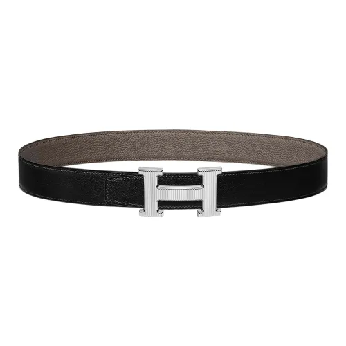 HERMES H Stripes H Stripes Серебряный Пряжка Epsom Телячья кожа Двойной Слой Кожа Ремень Женские Черный Оловянно-серый Ширина 3,2 см