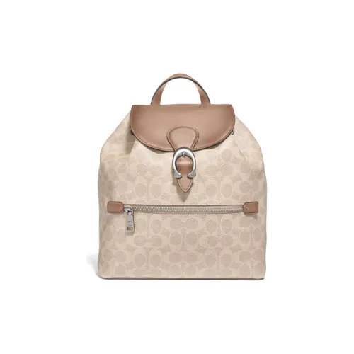 COACH Evie Canvas Leather Backpack Medium Women's Light Khaki Monogram Worn Brown