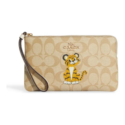 COACH Wristlet Холст с кожей Кошелек Клатч Запястье Сумка Маленький Женские Молочно-чайный