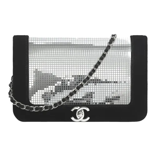 CHANEL Велюр Волокно Металл Аксессуар Сумка на плечо Женские Черный Серебряный