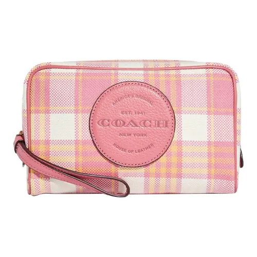 COACH Dempsey Жаккард с Галечная кожа Клатч Makeup Bag Мини Женские Розово-белый Желтый