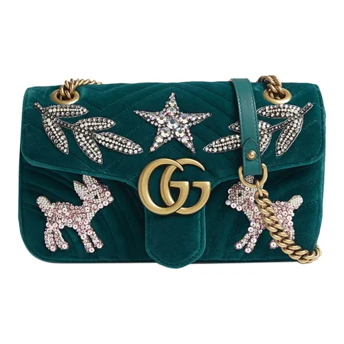 GUCCI GG Marmont Quilted Бархат Цепочка Сумка через плечо Маленькая Женская Темно-зеленая