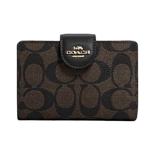 COACH Corner Zip Холст и Кожа Запястье Сумка Клатч Маленькая Сумка Кошелек Средний Женский Темно-Коричневый Черный