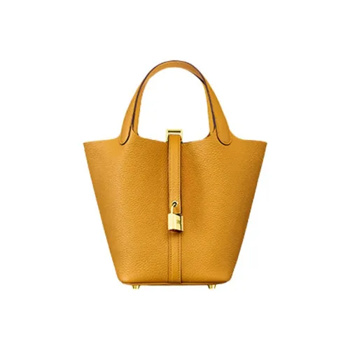 HERMES Picotin Lock Clemence Bullock Кожа Корзина Сумка Ведрообразная Сумка Женская Сумка Янтарно-Желтый Ambre