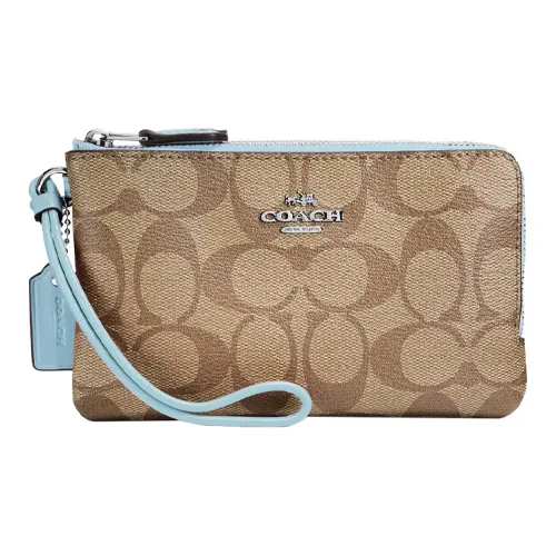 COACH Corner Zip Холщовая кожа Запястье Сумка Кошелек Клатч Женские Хаки с монограммой Цвет Небесно-голубой