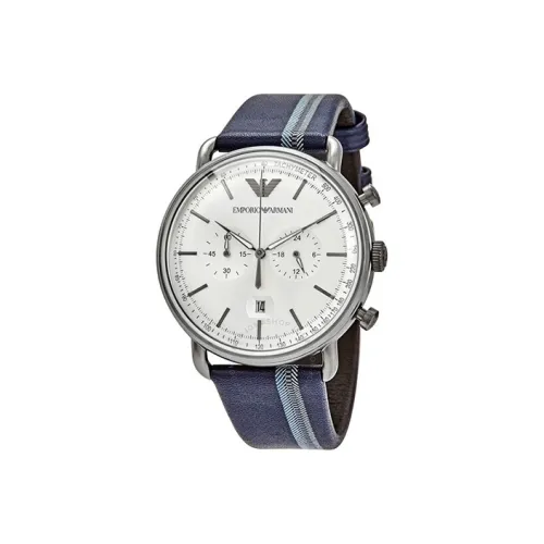 EMPORIO ARMANI Мужские часы Кварцевый механизм Естественная кожа Ремешок Серебристый циферблат