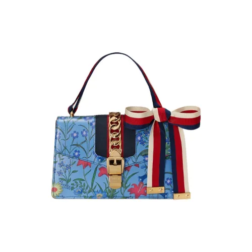 GUCCI Sylvie Кожа Сумка Маленькая Женская Светло-Синяя