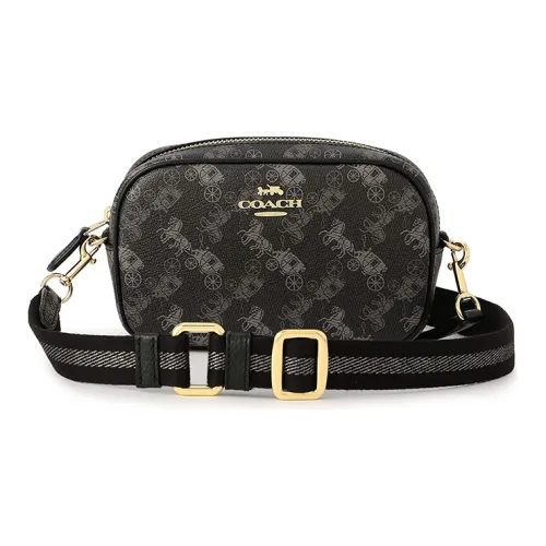 COACH Покрытый холст с галечной кожей Camera Сумка Одно плечо через плечо Мини Женские Черный