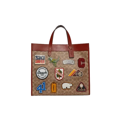 COACH Field Холщовая кожа Тоут Сумка Сумка для покупок Сумка через плечо Сумка Большая Унисекс Хаки и Коричневый