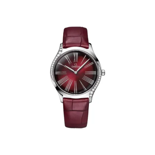 OMEGA Flying Series Name Classics Кварцевый механизм Женские часы 36 мм Красный циферблат Корпус из нержавеющей стали Кожаный ремешок