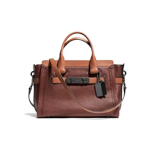 COACH Swagger Личиевая текстура Кожа Коровья кожа Сумка через плечо Сумка Большая Женская Шоколадно-коричневый и Многоцветный