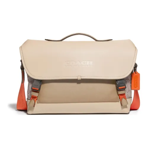 COACH League Холст и Кожа Сумка через плечо Сумка Сумка Большая Мужская Бежево-Оранжевая