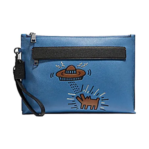 COACH Keith Haring Graffiti Collaboration Pouch Grained Leather Wallet Clutch Large Men's Blue