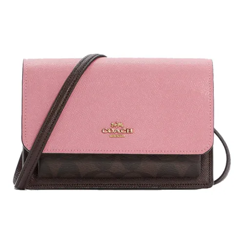 COACH Foldover Кожа Бананка Сумка через плечо Маленькая женская Коричневый с монограммой и Перламутрово-розовый