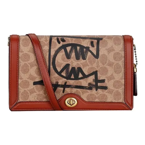 COACH Riley Кожа Аккордеонная Сумка Сумка через плечо Средняя Женская Коричневая Монограмма