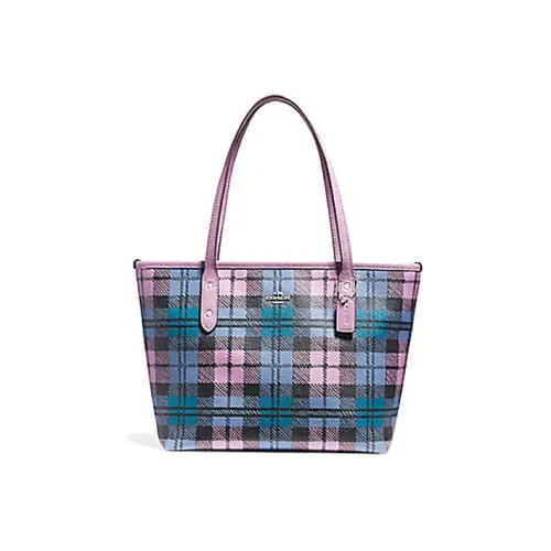 COACH City Zip Tote Холст Покрытый Плечевая Сумка Маленькая Женская Фиолетово-Синяя Клетка