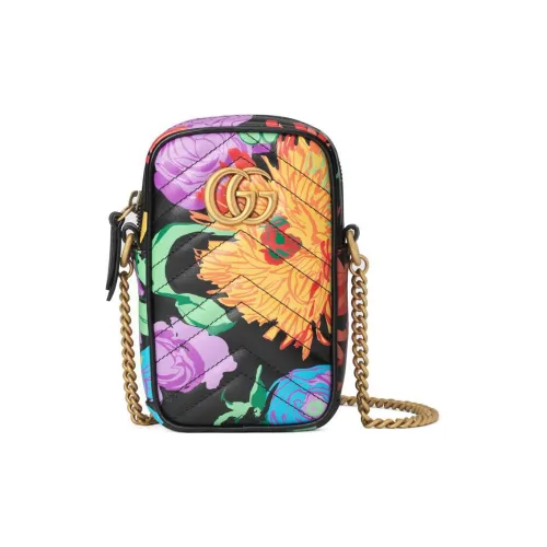 GUCCI Marmont Quilted Кожаный Чехол для телефона Сумка с цепочкой Сумка через плечо Мини Женский Черный многоцветный