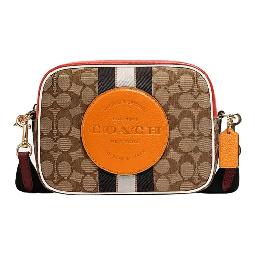 COACH Dempsey Холст с кожей Camera Сумка Сумка через плечо Сумка на плечо Женская Апельсин Коричневый с монограммой