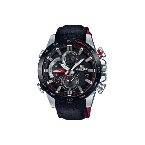 CASIO EDIFICE Кварцевый механизм Кожаный ремешок Часы Мужские Черный циферблат