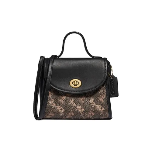 COACH Turnlock Покрытый холст с телячьей кожей Сумка Сумка через плечо Сумка через плечо Маленькая Женская Коричневая и Черная