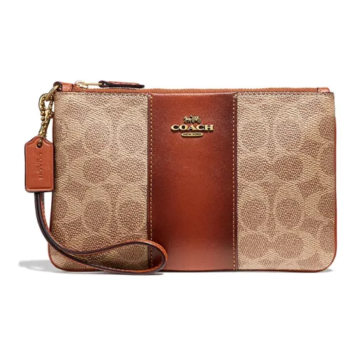 COACH Wristlet Холст и кожа Маленькая сумка на запястье Клатч Маленькая Женская Красно-коричневая цветовая схема