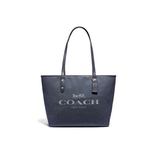 COACH City Zip Tote Ткань с коровьей кожей Тоут Сумка Сумка для покупок Сумка Сумка через плечо Женская Джинсовый синий