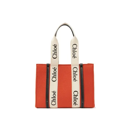 Chloe Woody Гладкая отделка Телячья кожа Тоут Сумка Сумка для покупок Сумка через плечо Сумка среднего размера Женская Оранжевая
