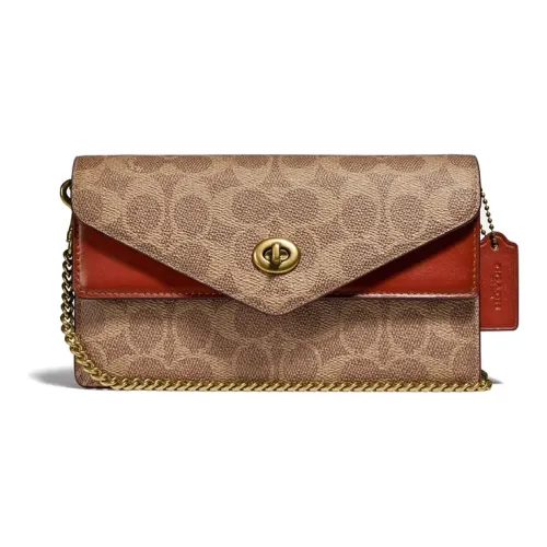 COACH Покрытый холст с телячьей кожей сумка через плечо маленькая женская коричневый и красный