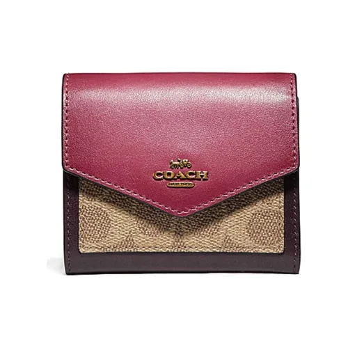 COACH Покрытый холст телячья кожа кошелек маленький женский бордовый многоцветный