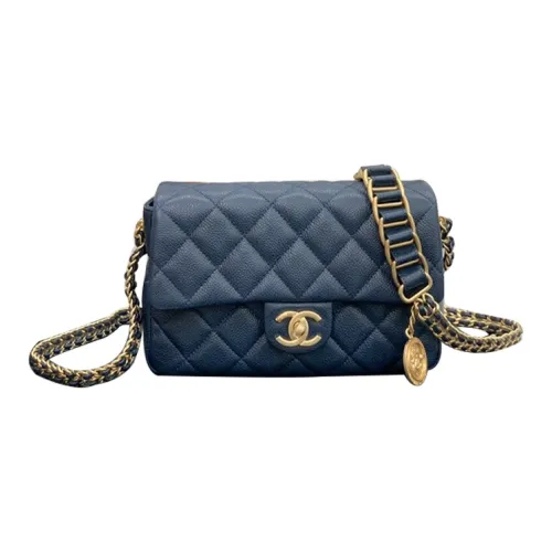 CHANEL Classic Flap CF Coin Collection С рельефом Тисненый Телячья кожа Сумка через плечо Маленькая Женская Морской синий