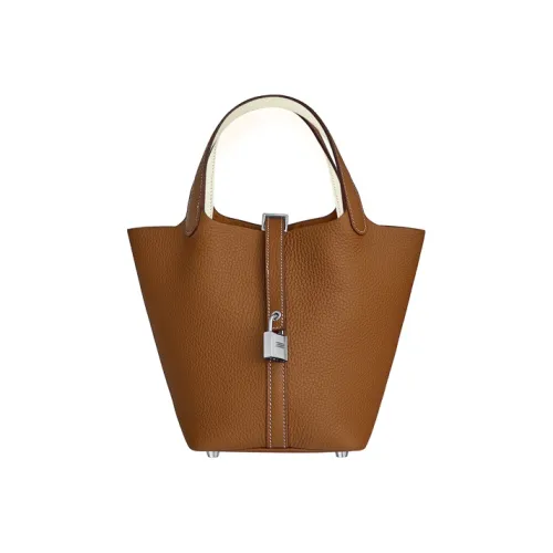 HERMES Сумка из кожи Taurillon Clemence ведрообразной формы Женская Золотисто-коричневый и Молочно-белый