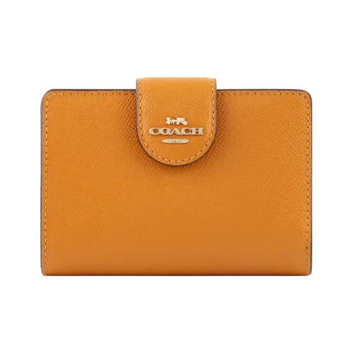 COACH Corner Zip Однотонный Крестообразная текстура Кожа Застежка на кнопки Складной Кошелек Мини Женские Конфетный цвет Апельсин