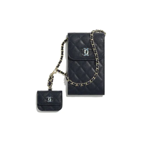 CHANEL Тисненая Телячья Кожа и Металл Чехол для Наушников AIRPODS с Чехлом для Телефона Женские Темно-Синий