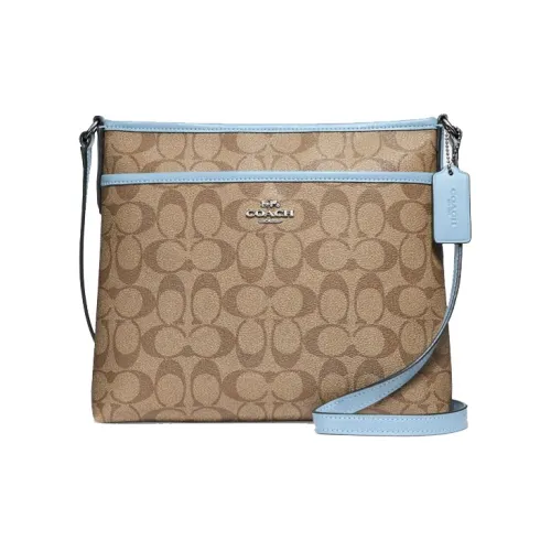COACH File Покрытый холст с кожаными вставками комбинированная сумка через плечо среднего размера женская синяя с обметкой и хаки с монограммой