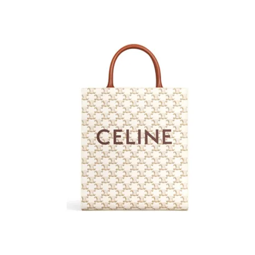 CELINE Cabas Холст Телячья кожа Сумка через плечо Сумка Маленькая Женская Белая Карамельно-коричневая