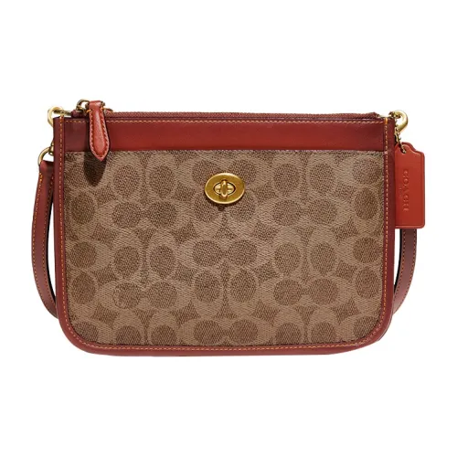 COACH Turnlock Холст и Кожа Сумка через плечо Маленькая Женская Коричневая Красная
