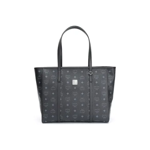 MCM Toni Visetos Покрытый холст с кожей наппа Тоут Сумка Сумка для покупок Сумка на плечо Сумка среднего размера Женская Черная