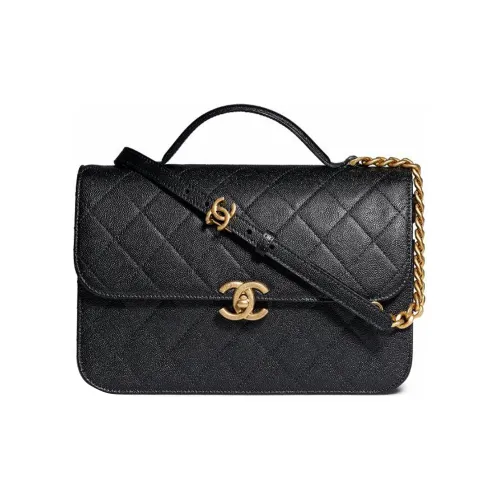 CHANEL Сумка с клапаном из икорной коровьей кожи Тофу Сумка Сумка через плечо Сумка через плечо Женская Черная