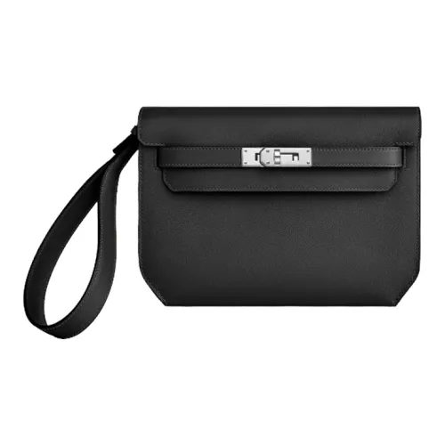 HERMES Kelly Depeches Evergrain Коровья кожа Клатч Мужской Черный